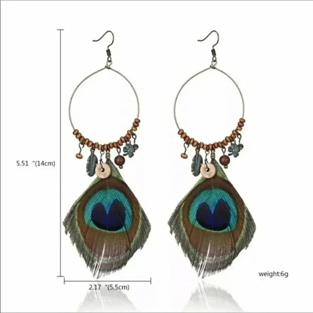Pretty Peacock Feather and Charms Drop Earrings NWT - Picture 2 of 2